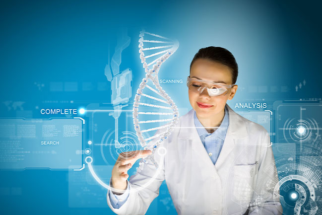 Woman in a scientific lab coat and goggles is holding a hologram image of a strand of DNA. 