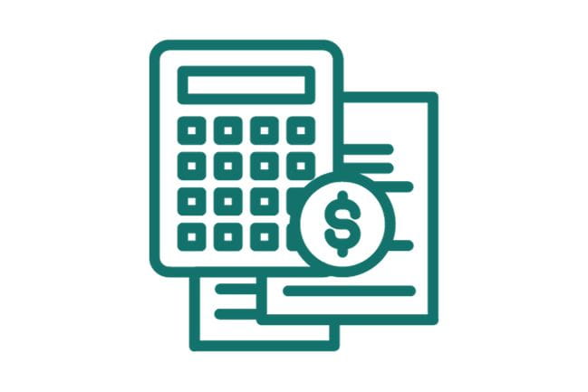 An icon of a calculator, papers, and a dollar sign.