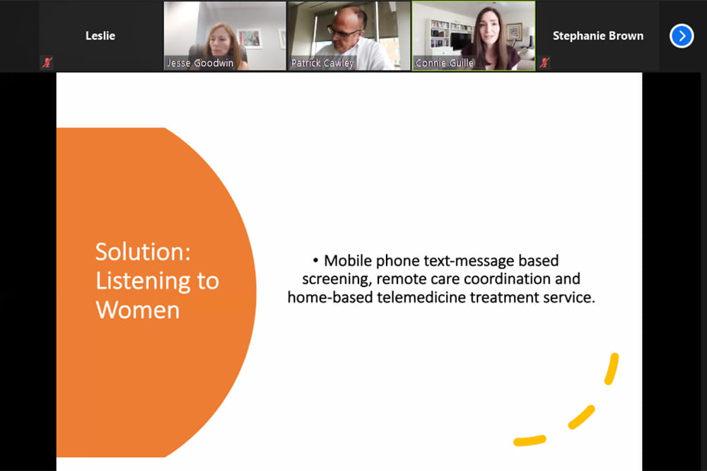 screenshot of Zoom virtual meeting showing a slide of the listening to women presentation along with three people participating from their computers