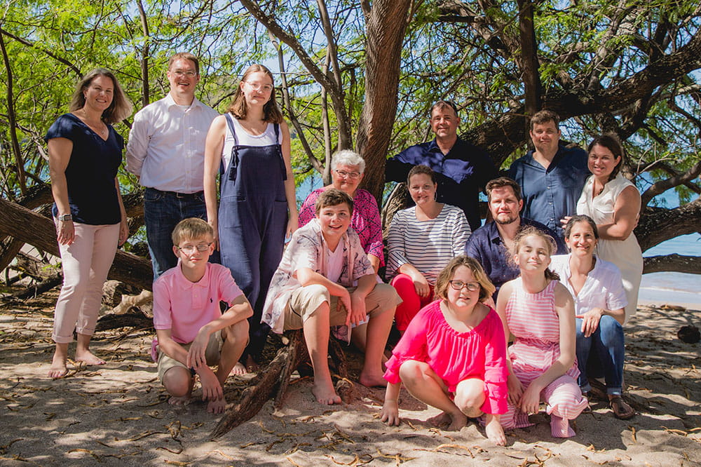 group photo of the Talbot family on the beach in Costa Rica