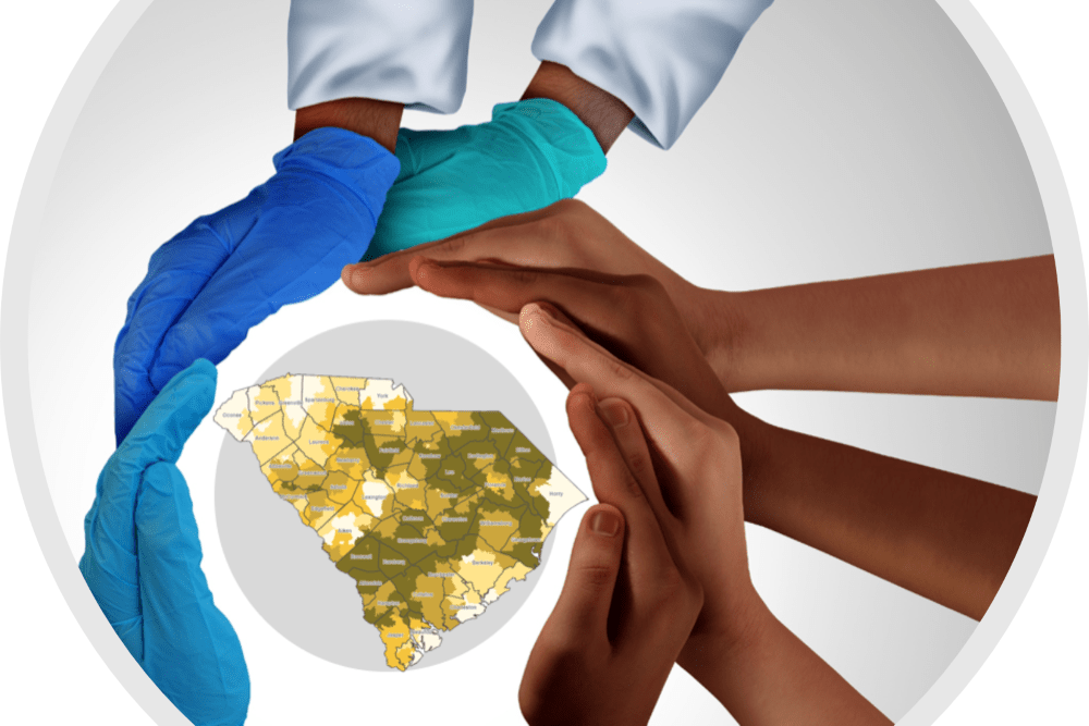 Hands of various colors encircle a map of South Carolina. Illustration by Danielle Hutchison