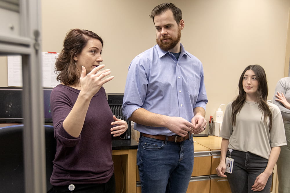 Dr. James Otis  (in blue shirt) with other members of the research team.  Left to right:: Dr. Elizabeth Doncheck, Lisa Green and Dr. Rachel Clarke