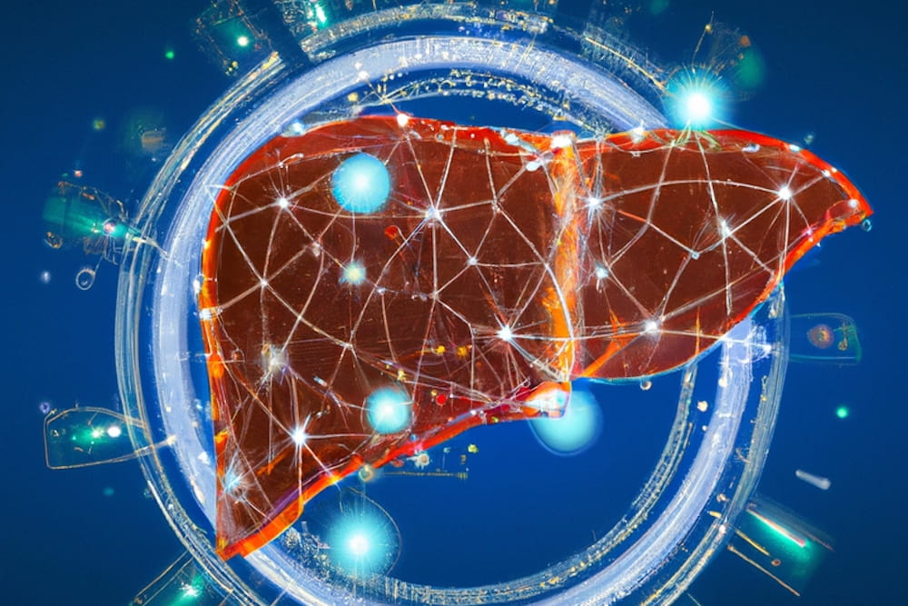 Futuristic illustration of a Liver created by DALL-EE AI. Image provided by Dr. Jihad Obeid.