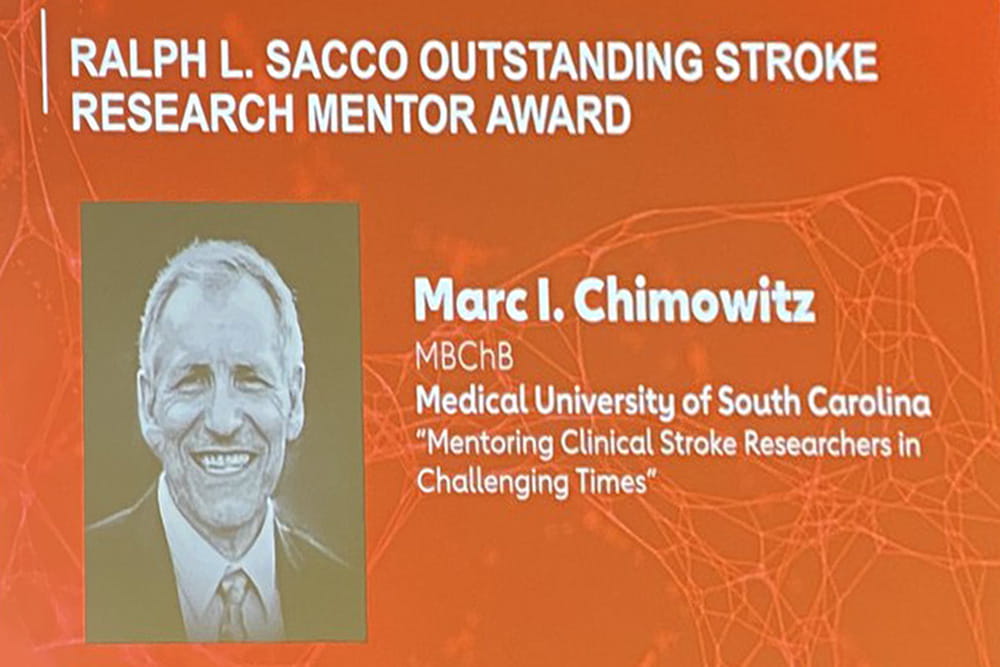 Slide announcing Dr. Marc Chimowitz'ss Ralph Sacco Outstanding Stroke Research Mentor Award