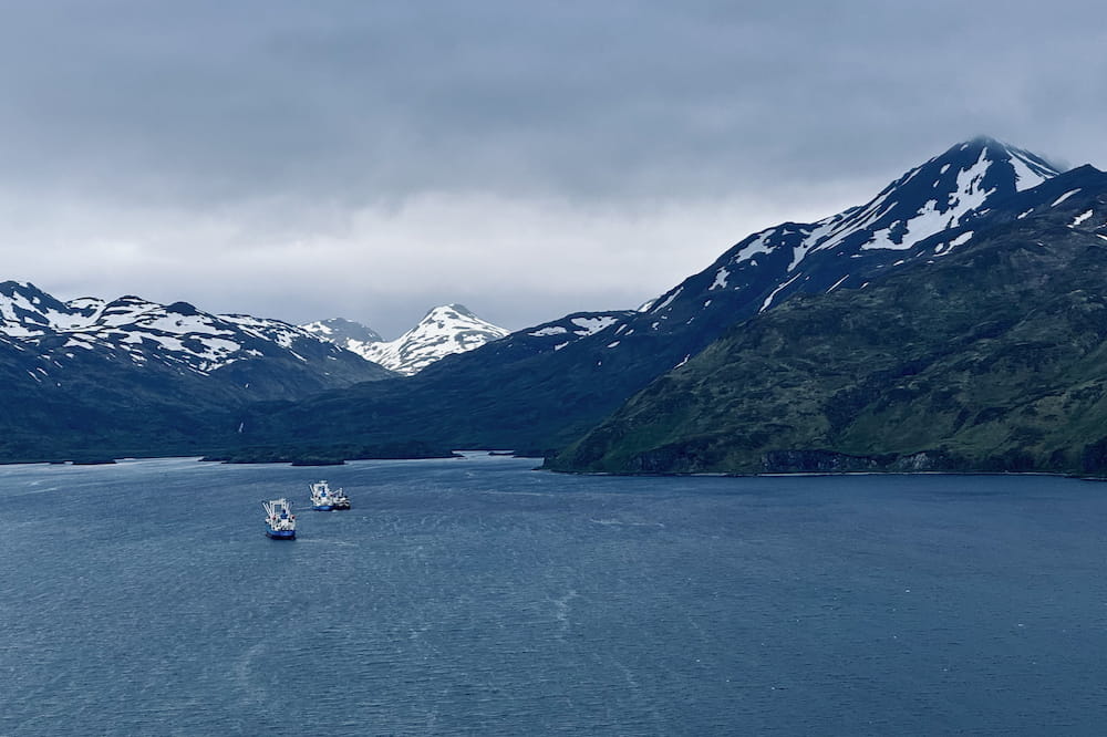 Aerial shot of the Aleutian Islands, with boats used by NOAA for the expedition in the background. Photograph by Menny Benjamin.