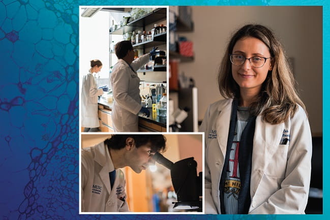Collage of researchers in lab coat performing various tasks on top of a decorative background.