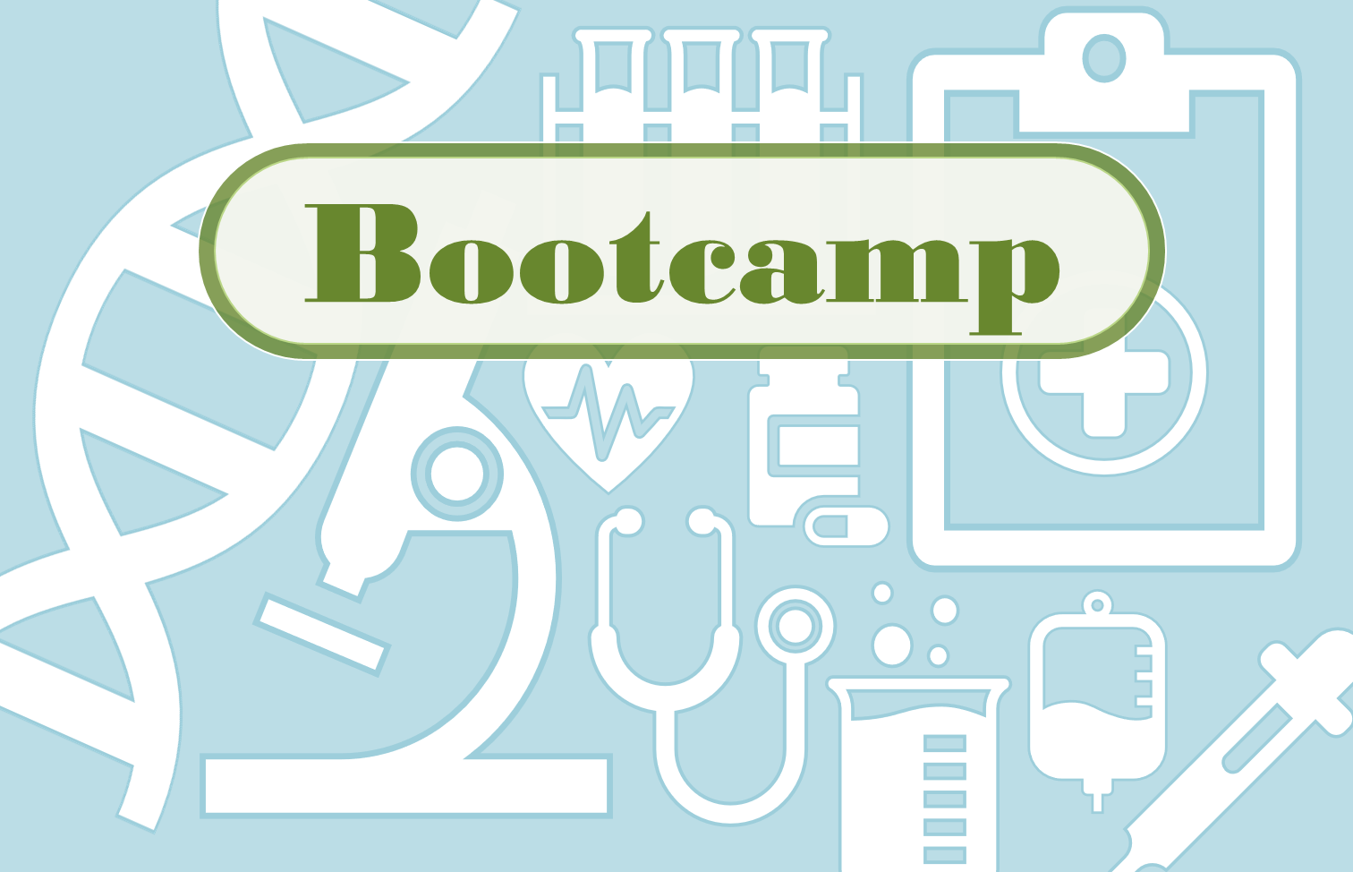 Icons for a variety of clinical trials tools, including a stethoscope, microscope and pill body, used for clinical trials with a banner advertising an upcoming bootcamp.