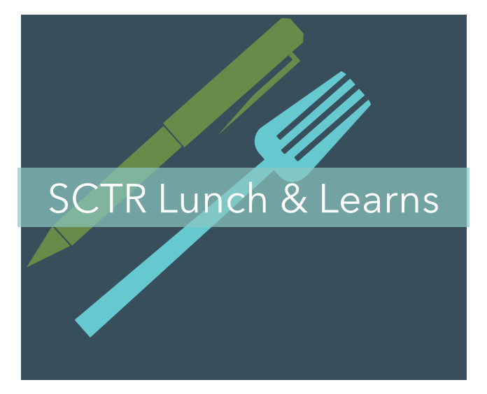 A green pen and a light blue fork on a dark gray background with a partially transparent teal title bar for SCTR Lunch & Learns