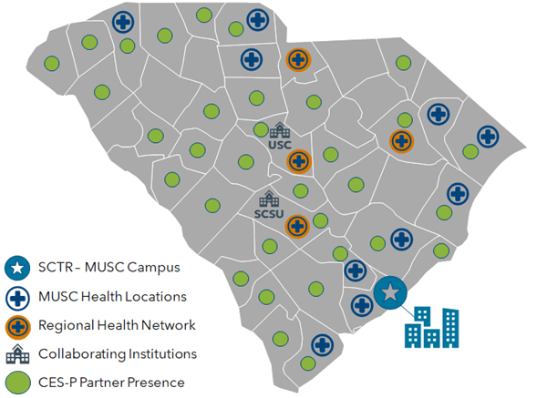 A South Carolina map showing the locations of Community Engaged Scholars Program partnerships across SC counties.