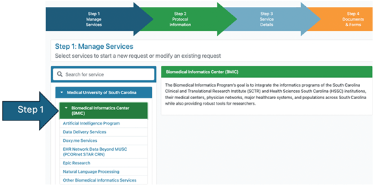 SPARCRequest screenshot: Under SCTR services in the left menu, step 1. select BMIC