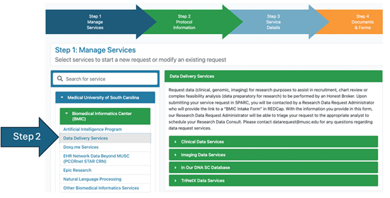 SPARCRequest screenshot: Under SCTR services in the left menu, select BMIC, then Step 2. select Data Delivery Services
