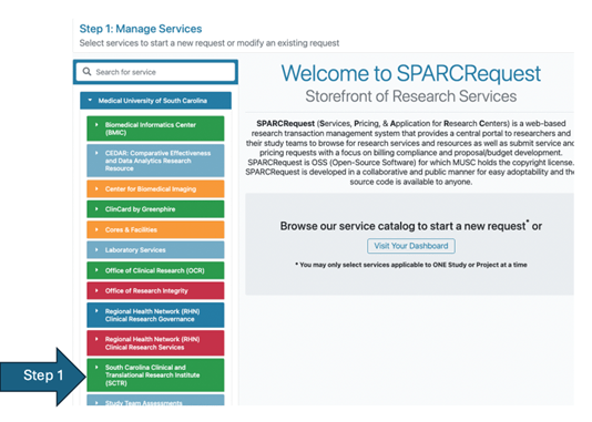 SPARCRequest screenshot, Select SCTR in the left menu to request services