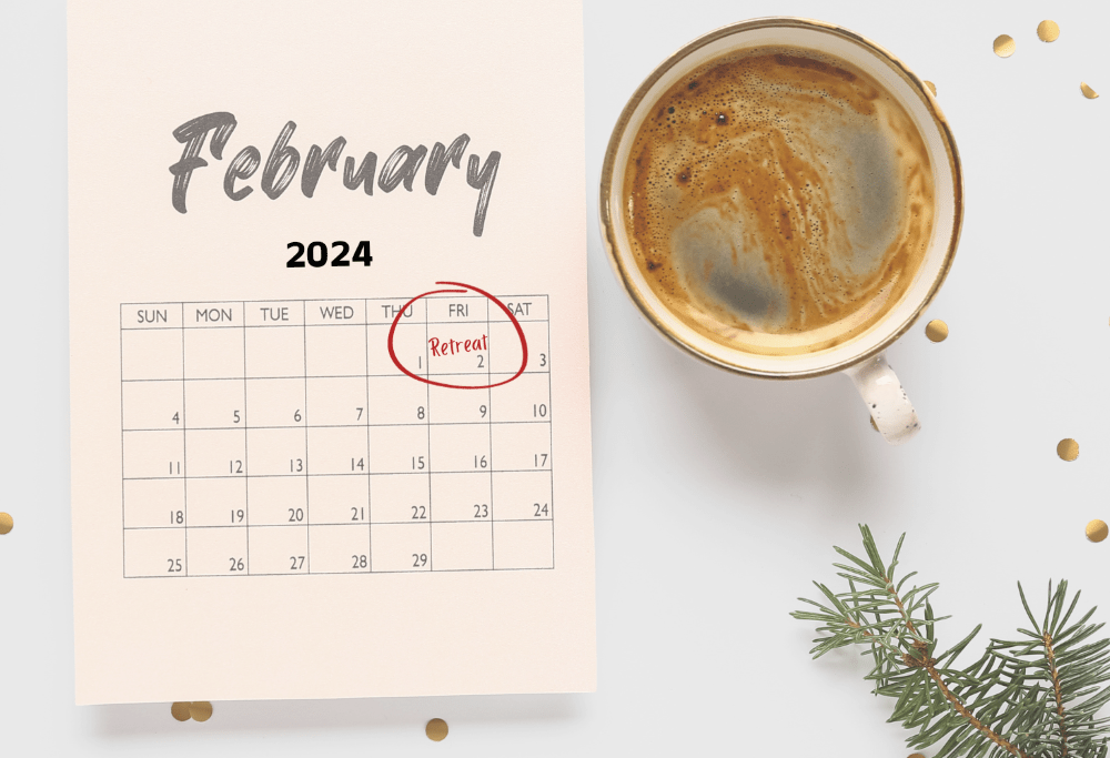 February 2024 calendar page with Friday the Second circled in red for a retreat