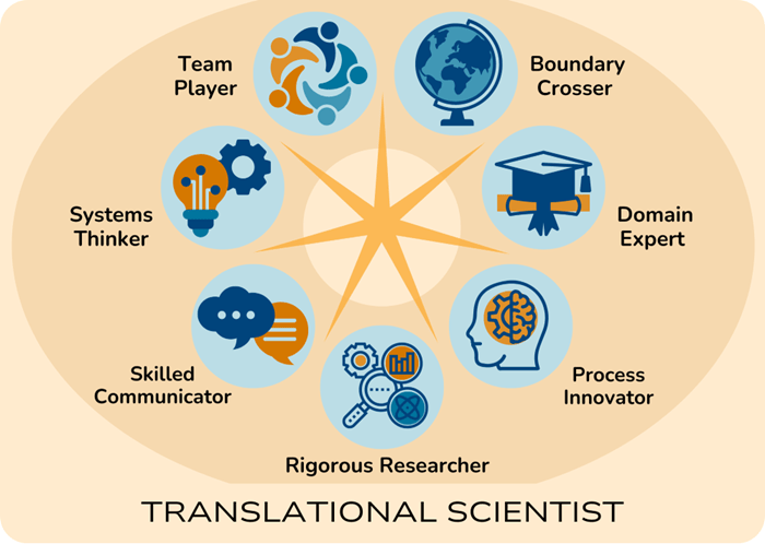 The traits of a Translational Scientist include boundary crosser, domain expert, process innovator, rigorous researcher, skilled communicator, systems thinker and team player. 